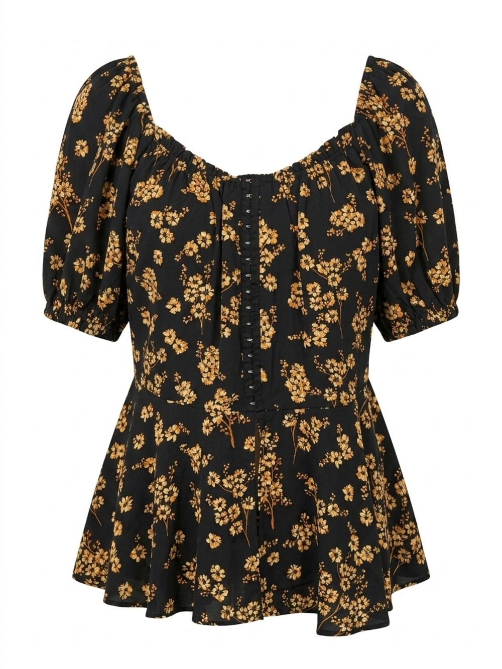 P​LUS - City Chic Black Floral Puff Sleeve Peplum Top Hook & Eye Front